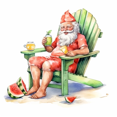cute Santa Claus sitting on a beach chair and eating watermelon, style by Lucy Fleming, watercolor, smooth gradients, black contour outline, ultra detailed, clipart elements, delicate pastel colors, solid white background, super clear, high quality