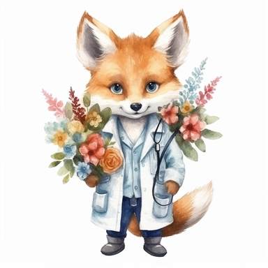 Clipart, watercolor, white background, cute baby fox, in style doctor, in a doctor's coat, in the paws a bouquet of flowers, high solution