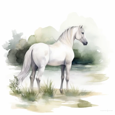 A clipart that shows a majestic horse in a graceful pose on a white background. The horse's body is elegantly curved to emphasize its beauty and grace. It may be standing on a slight hill or in an idyllic landscape. The water colors give the clipart a soft and flowing look. The colors can be soft and pastel to create a calm atmosphere. Use different shades of blue for the background to create a natural water or sky look. The contours of the horse are subtle and well defined to clearly show its s