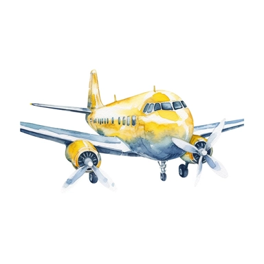 Travel Watercolor Clipart, airplane 19 yellow girly , single object,isolated on white background, highly detailed, hand painted watercolor illustration by Cath Kidston, Emma Bridgewater,white background for removing background--no text shadow font watermark