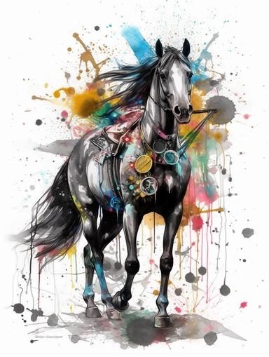 Clipart, Multiple poses, White background. A spirited black stallion, full body, expression pose, proud stance. abstract, colorful and detailed, Lock and key, layered ghost print of cowgirl bucked on horse. Lined pencil illustration, ornamental watercolor, and a simple painting one brushstroke representing breaking free spiritually. Gears, studio light, quill pen. Ink splatter, air bubbles, in the style of Jan van Huysum’s paintings, with a lush arrangement of ecosystems, sunlight, surrounded by