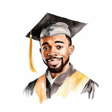 watercolor black male student with facial hair graduation clipart on a white background