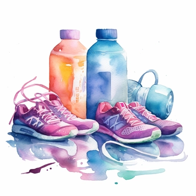 multiple home training fitness equipment laying on the floor , running shoes, water bottle, fit to frame, Watercolor Painting, aquarelle, pastel shades of colour , white background, splash of colors, purple,pink,light blue, clipart