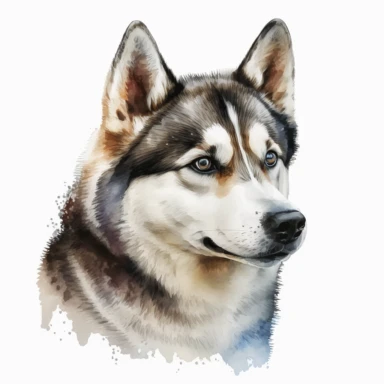 a watercolor art painting of a Husky dog, clipart, white background
