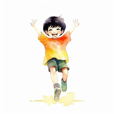 Asian pastel watercolor cartoon boy with black hair, cheerful dancing, sunny little boy, clipart, flat watercolor style, neat short-sleeved teleportation suit, watercolor illustration, watercolor illustration for children, white background, Hayao Miyazaki