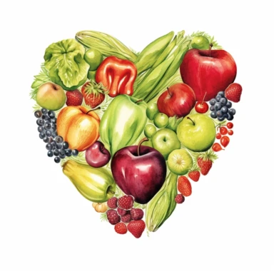 watercolor a heart is made out of vegetables and fruits, in the style of light green and dark crimson, organic and fluid Clipart desert cartoon t-shirt graphic, vector, contour, isolated on a white background