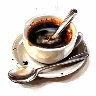 illustration of a cup of coffee, crisp, add embeliishments like tables spoons steam, beautiful, artistic, coffee, clipart, isolated on white background