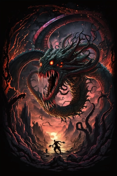 In the depths of the abyss, a colossal Leviathan looms, its form sinuous and serpentine, with scales as black as onyx. Swimming nearby, a terrifying Cthulhu surveys the scene with its multitude of eyes, its tentacles writhing in the dark waters. Above the waves, a Nightmare gallops across the sky, its flaming mane leaving a trail of crimson behind it. Perched on a rocky outcropping, a Chimera snarls ferociously, its many heads snapping and biting at the air. And lurking in the shadows, a Doppelg