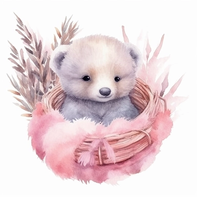 cute watercolor newborn baby bear and pampas grass, isolated white background, babyshower clipart, 8k, bright pink white colors