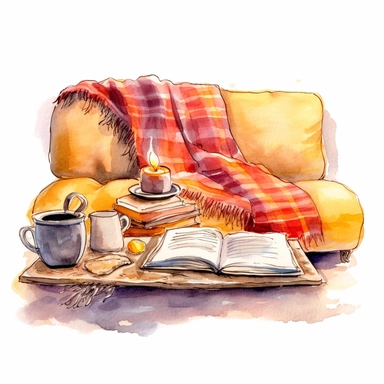 Blanket, open book, cup of coffee, candle, Reading Corner cozy, clipart on a white background, an illustration of by Annabel Kidston, shutterstock contest winner, generative art, detailed painting, digital illustration, intricate in details, photoillustration isolated on white background, digital watercolor , style by Lucy Fleming, watercolor, smooth gradients, black contour outline, ultra detailed, clipart elements, delicate pastel colors, solid white background, super clear, high quality