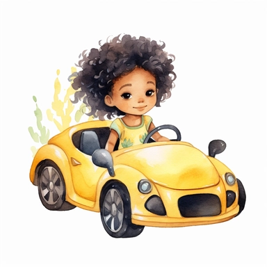 Cute little fairy girl with black skin driving a sport car yellow watercolor Clipart