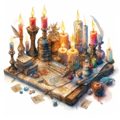 various magical scrolls on an old magical wodden table, some spread and others rolled up, filled with magic symbols on them, surrounded by candles, other magical items. Clipart Watercolor, , highly detailed, glow, 8k, white background, no caption
