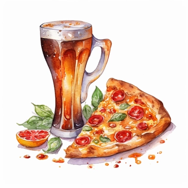 watercolor pizza and beer clipart, white background, Color