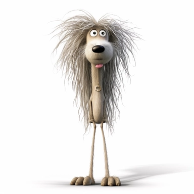 a really skinny cartoon dog, hair frizzed out, funny, full body image, pixar style, clipart, white background