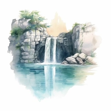 watercolor, hyper realistic, white background, white margins, 16k, ultra detailed clipart, cut out image, hand-drawn a gentle waterfall flowing into the lake, surrounded by rocks and a serene natural landscape. Soft pastel shades inspired by nature, such as pale blue, mint green, lavender, baby pink, and light yellow.