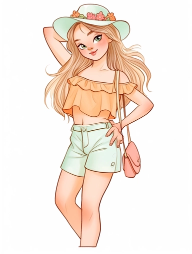 cute summer girl full body drawing, illustration clipart, detailed, black outline, white background, digital art, watercolor