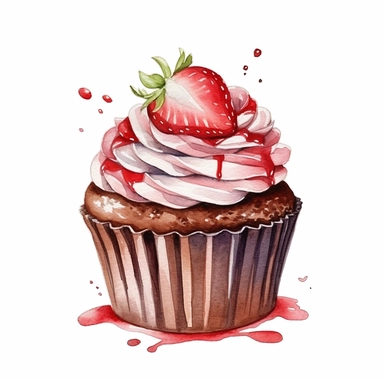 Watercolor Yummy chocolate stawberry cup cake clipart, hd, single object, white background