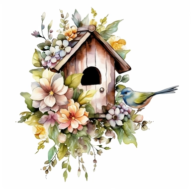 watercolor, hyper realistic, white background, white margins, 16k, ultra detailed clipart, cut out image, hand-drawn a floral birdhouse, inspired by the beauty of nature. The birdhouse should be the focal point of the design, adorned with intricate floral details and elements. The clipart can have a whimsical or rustic feel, evoking a sense of warmth and coziness. Color Scheme: Choose a soft and harmonious color scheme for the clipart. Consider incorporating pastel shades such as light pink, lav