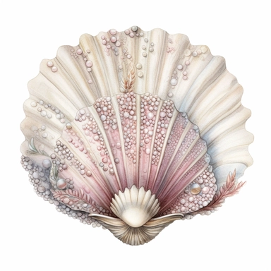 Watercolored pencil style illustration, boho clam shell, soft pink, beige and silver, isolated on a white background, PNG file clipart style, Dennis Wojtkiewicz, Amanda Clark, Lowell Herrero,