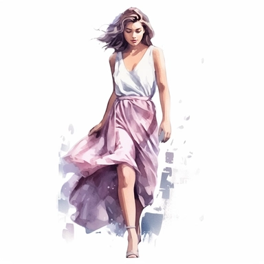watercolor style, beautiful woman in summer dress in shades of mauve and white, realistic, clipart, isolated on white background, 4K