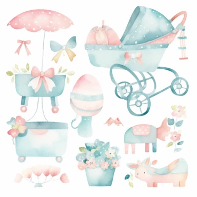 Acuarela recién nacido accesorios para bebés clipart. Clipart de baby shower. Imágenes prediseñadas de decoración de vivero. Cuna para bebés, cochecito, imágenes prediseñadas de pezón.