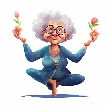 Cute Beautiful Funny grandmother practicing yoga Watercolor Sublimation Clipart,Cartoon, hyper realistic, intricate detail, illustration style,high solution,on the white background