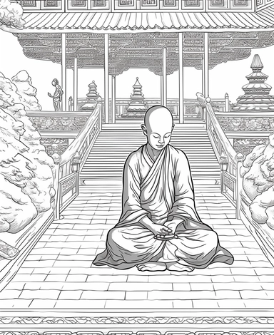 authentic full body tibetian monk prays, no patterns on drobe, fewer details without all shadings and buddhist temple background, the pattern must not protrude from the image, clipart, black and white, thin but strong continuous lines, must not fill with black any areas of the pattern coloring pages,only contours, only outlines