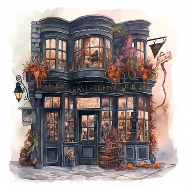 a spooky magic shop decorated for Halloween , diagon alley from Harry Potter inspired, magical, Gouache, white background with margins, Clipart style