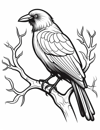 clipart cartoon crow, spooky tree in the style of Pierre-Auguste Renior black and white child's coloring book, black and white smooth thick lines, solid white background, no background