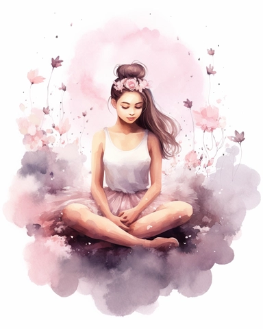 drawing watercolor clipart for a girl nursery of a beautiful brunette ballerina with pink flowers in her hair, sitting on a cloud in her pink ballerina clothes smiling, whilst sprinkling pink flowers. 8k.