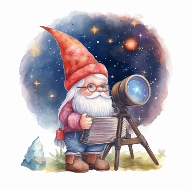 A cute gnome looking through a telescope at the stars, with a book of constellations beside him, and a night sky full of stars and planets overhead. clipart, soft watercolor, isolated on a white background