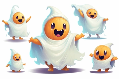 Cute ghost. Happy halloween ghosts characters, spooky expression creature. Funny scary magic demon with pumpkin, mystery creative nowaday vector clipart, realistic, full frame, very detailed