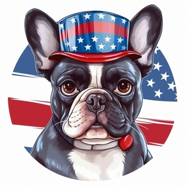sticker, background american flag, funny french bulldog, open mouth, in style Independence Day in usa, hat with an american flag, clipart