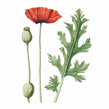 Watercolor of tall slender micro dainty poppy leaves on a single stem with closed poppy seed head. Ikebana red poppy, leaves typically have a distinctive elongated shape with a pointed tip, and are deeply lobed or dissected. The lobes are typically rounded or toothed, and may be arranged alternately or opposite each other along the stem. Floral Clipart, poppy, Minimalist Flowers Watercolor, Ikebana Clipart, Separated design