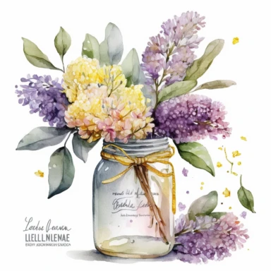 watercolor Yellow lilac Clipart lilac floral bouquet in the jar, white background