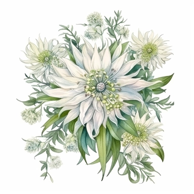 Edelweiss Bouquet Beautiful Realistic Creative. Emotional. Detailed, cartoon clipart watercolor. Artistic Creative Clipart. Isolated white background. Charming