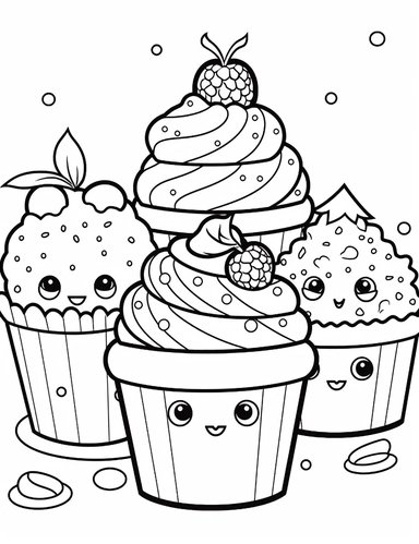 Kawaii muffins with delightful designs and flavors, like blueberry, chocolate chip, and banana For Simple Coloring page,line art, thick lines, black and white,clipart, illustration, on white background,margin Page 10px