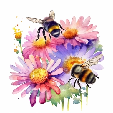 Create a charming watercolor clipart of bees and flowers. The scene should include several bees buzzing around a variety of vibrant flowers, collecting nectar. The style should mimic that of a watercolor painting, with soft edges, subtle color blending, and the characteristic transparency of the medium. Use a digital rendering technique that mimics the effect of a watercolor brush on a textured paper. The lighting should be soft and diffused, as if it's a sunny day. The colors should be bright a