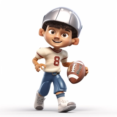 cute young boy playing american football, making a pass, passing, wearing a helmet, full body, smiling, american football, Sport graphics, action clipart, 16k, isolated on white background, 3d, rendered by pixar