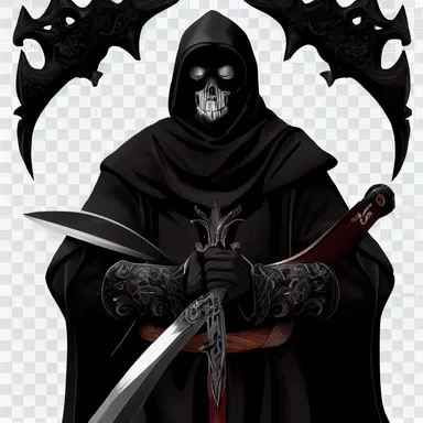 medieval character concept, black cloaked mercenary wielding a massive two handed sword, representing death, png, png cut out, dark blacks, intricate detail, symmetrical design clipart,