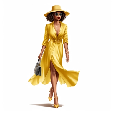 African american woman wearing yellow dress and fedora hat Boss lady clipart modern fashion style anatomically correct realistic isolated white background