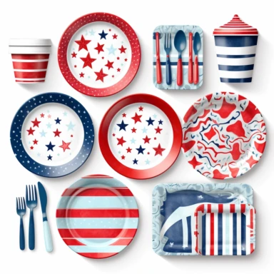 Party Tableware: Create clipart of party tableware, including plates, cups, napkins, and utensils. Experiment with different patterns, colors, and styles to create a coordinated and visually appealing set of tableware clipart.patriotic pattern, stars and stripes, red white and blue, delicate detail, watercolor, in the style of artgerm, 2d game art, quadratura, clipart, on white background,