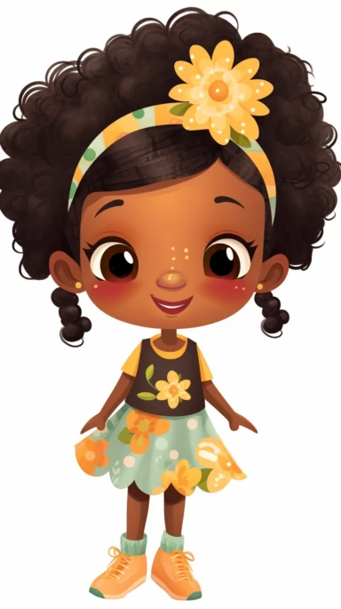 Meet an adorable clipart character, a little Black girl, radiating with individuality and beauty. This heartwarming illustration showcases her lovely hairstyle, cheerful expression, and trendy attire. The clipart style infuses the image with whimsy and joy, making it ideal for various creative endeavors such as crafts, invitations, and digital designs. The character is situated against a clean white background, offering easy placement and customization. The clipart is provided in high resolution