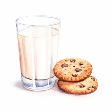 one Glass of milk vs cookies Watercolor clipart on a white background, cookies and free commercial use, hyperrealistic compositions, environmental awareness, dark white and dark bronze, text and emoji installations, textured illustrations, luminous watercolors , no watermark, text, words, paintbrush, 300 DPI, typography, the images do not stick together, no text in the picture, no text in the picture