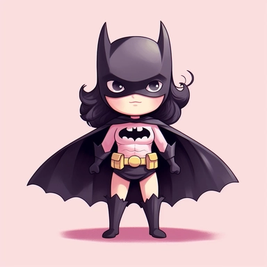 Character girl 5 years Crouching in hero pose old Cartoon style simple flying illustration long hair minimalist eyes and confident smile is dressed in a beautiful black Batman costume with pink accents her boots pink are delicate her outfit is composed of a Batman shirt a black skirt and her black cape with pink details on her face is the Batman mask very delicate her hair is long and black Overall the character is well drawn chibi style on a white background 2 d watercolor on paper clip art