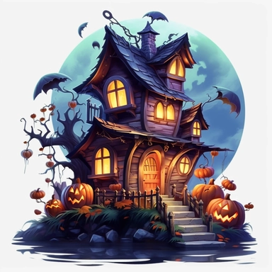 Dark night Fairy House Hallowee, Cute A Ghost and Pumpkin, and full Moon Halloween, Flying Bats. decoration, Digital painting watercolor illustration, high definition 8k, White background for re moving background Clipart ,Cartoon,hyper realistic, intricate detail, illustration style,high solution,on the white background