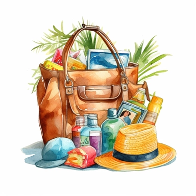 watercolor clipart of a stylish beach bag filled with essentials for a tropical getaway, brushstrokes, white background