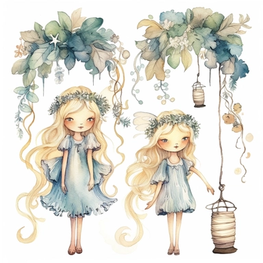 watercolour clipart, separate elements, Embark on a whimsical journey with Bells, Creamy, and Flowery - three young girls who weave wonders and magic from paper. Their artwork flourishes in the enchanting realm of watercolour, where every stroke tells a story. Meet Bells, the sweet and scatterbrained dreamer, with a great sense of humor. She immerses herself in the world of digital design, creating exquisite papers for scrapbook albums. Though she may often forget things, her delicate touch and 
