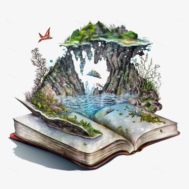 an opened book clipart with its pages depicting a mythical realm of floating islands, each with its own unique ecosystem and fantastical inhabitants, fantasy, mystical, magical, rebeca saray style, vintage watercolor, 8k, full hd, Open Book Clip Art, ultra detail, white background