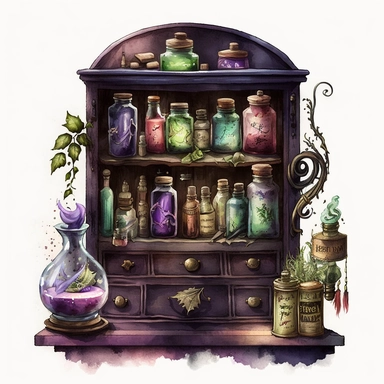 Watercolour Witches Apothecary Cabinet, farytale, witchcraft, drawers, Clipart